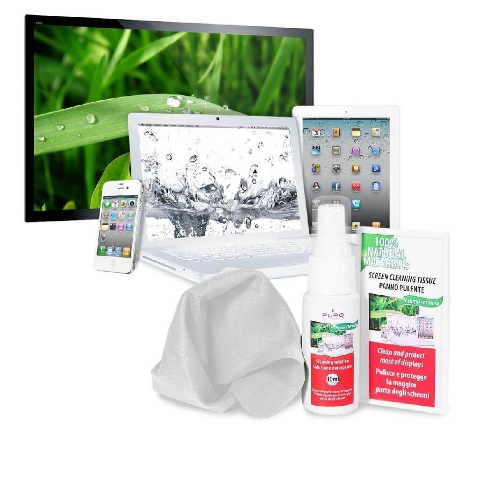 Puro Kit pulizia schermi Spray 30ml, panno microfibra e 10 salviette umidificate Sostegno trimestrale